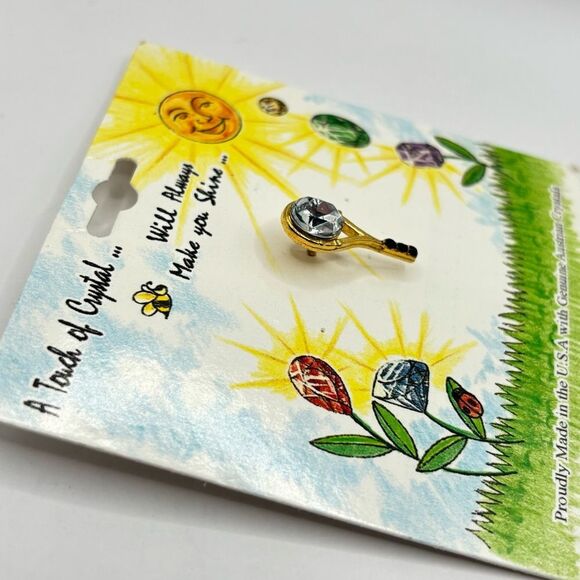 Gold Clear Genuine Austrian Crystal Tennis Brooch Pin - Picture 3 of 4